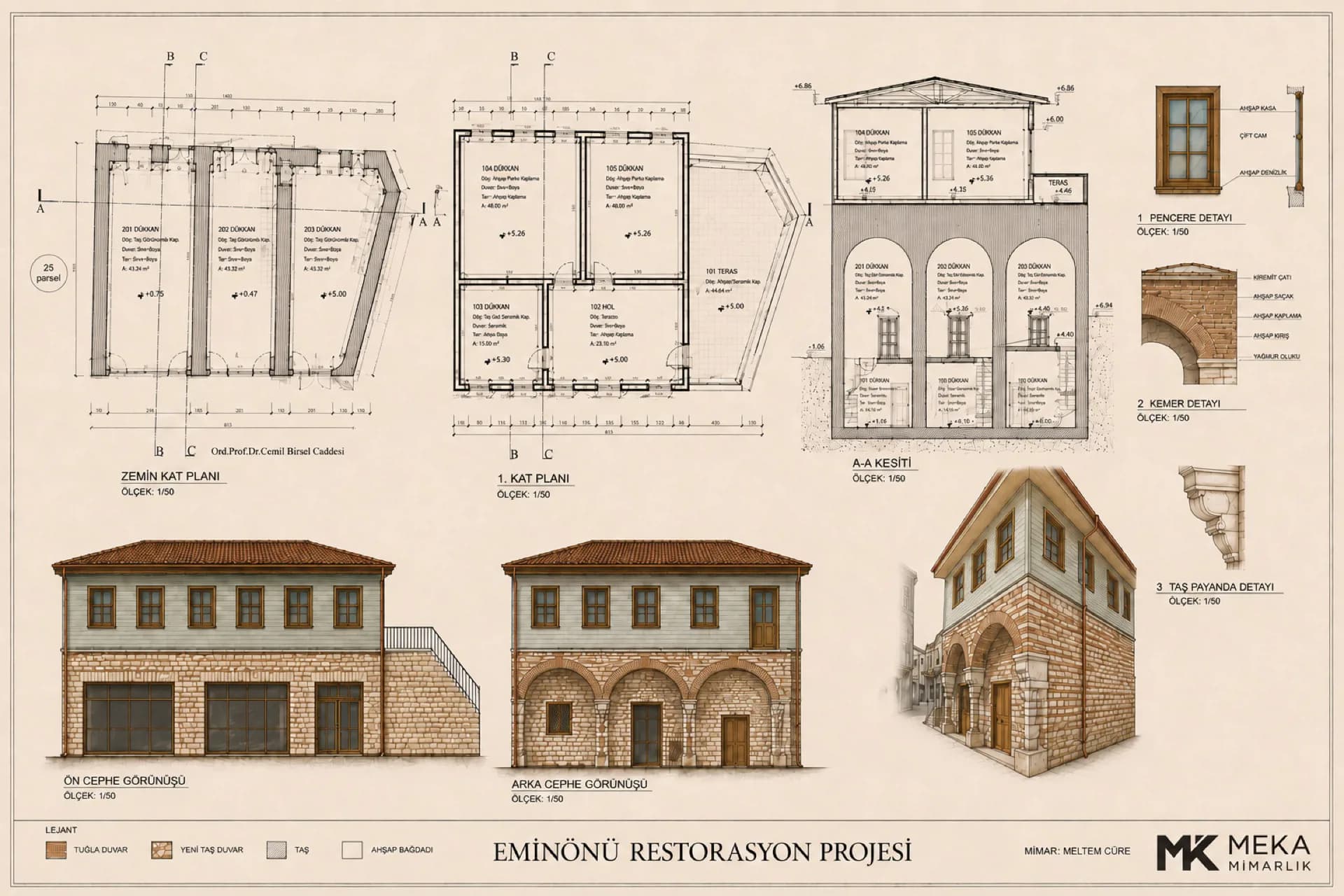 Restorasyon projesi paftası – 1/50 planlar ve yapım detayları